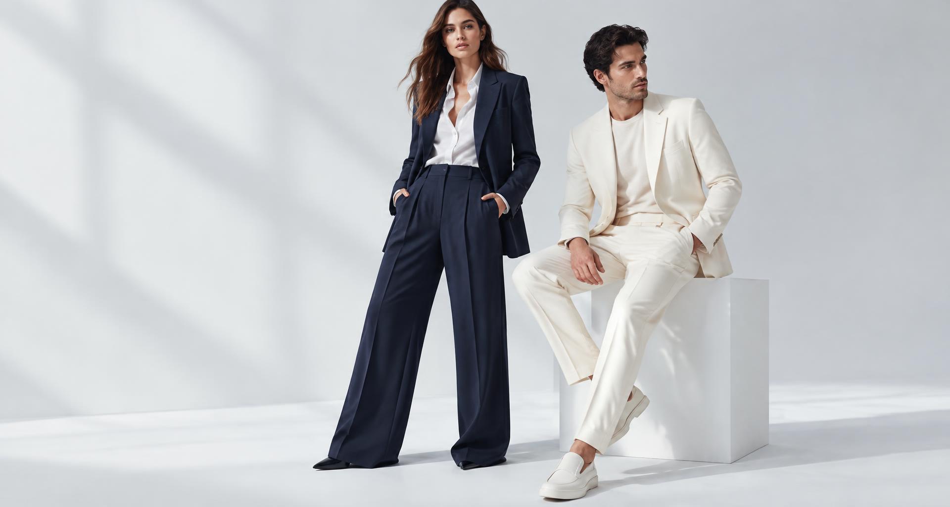 Editorial models wearing refined navy and white tailoring