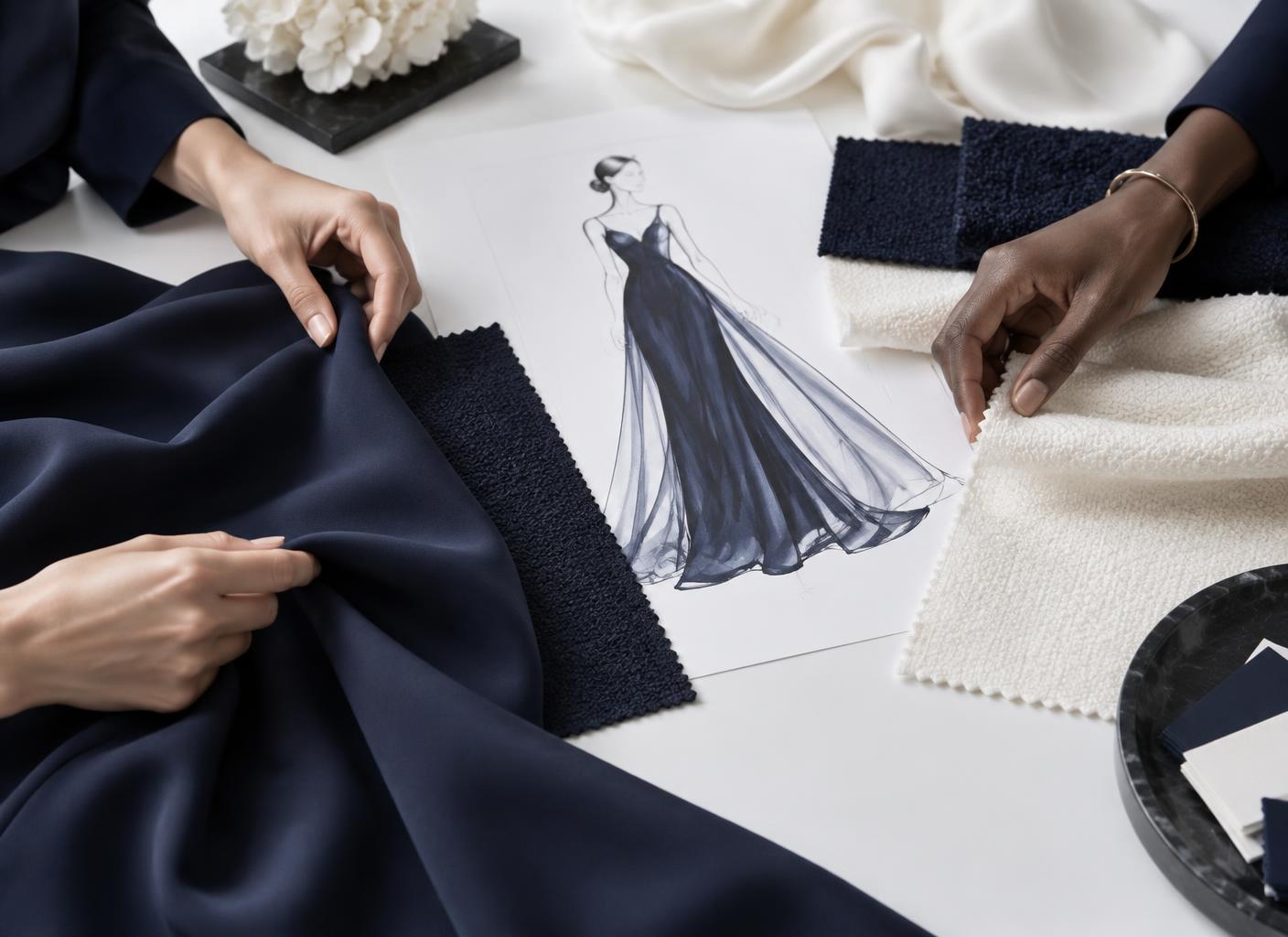 Conceptual editorial study of hands reviewing navy and ivory fabric swatches beside an unbranded collection sketch on a white worktable